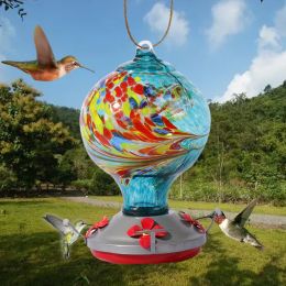 Hummingbird Feeders For Outdoors Hanging; Hand Blown Glass Hummingbird Feeder with Attractive Spiral Pattern For Garden Decor (Color: colorful, Size: 25*15.5*15.5cm)