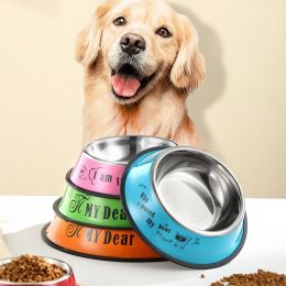 Stainless steel dog bowl; color anti-skid dog bowl; cat bowl (Size: Pink Cartoon, colour: 26cm)