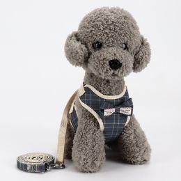 Dog Breathable Mesh Harness with Leash Pet Walking Harness with Cute Bows Adjustable Training Vest (Color: Checkered Blue, Size: M)