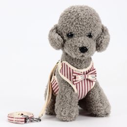 Dog Breathable Mesh Harness with Leash Pet Walking Harness with Cute Bows Adjustable Training Vest (Color: Stripes Red, Size: M)