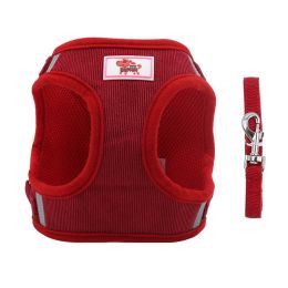dog Harnesses and dog leash set; New dog leash corduroy breathable dog chest strap reflective pet chest strap walking dog rope set (colour: red, Specification (L * W): S)