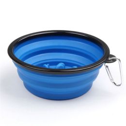 Portable Pet Feeder Travel Foldable Pet Dog Bowl Silicone Collapsible Slow 350ml/1000ml Feeding Bowl (Color: Blue, Size: Diameter 13 cm)