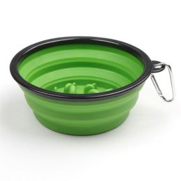 Portable Pet Feeder Travel Foldable Pet Dog Bowl Silicone Collapsible Slow 350ml/1000ml Feeding Bowl (Color: Green, Size: Diameter 18 cm)