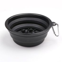 Portable Pet Feeder Travel Foldable Pet Dog Bowl Silicone Collapsible Slow 350ml/1000ml Feeding Bowl (Color: Black, Size: Diameter 13 cm)
