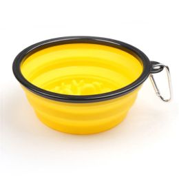 Portable Pet Feeder Travel Foldable Pet Dog Bowl Silicone Collapsible Slow 350ml/1000ml Feeding Bowl (Color: Yellow, Size: Diameter 13 cm)