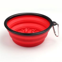 Portable Pet Feeder Travel Foldable Pet Dog Bowl Silicone Collapsible Slow 350ml/1000ml Feeding Bowl (Color: Red, Size: Diameter 13 cm)