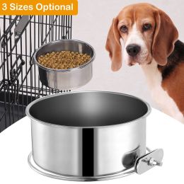 Stainless Steel Dog Bowl Pets Hanging Food Bowl Detachable Pet Cage Food Water Bowl with Clamp Holder (Size: M)