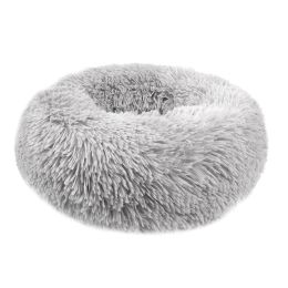 Small Large Pet Dog Puppy Cat Calming Bed Cozy Warm Plush Sleeping Mat Kennel, Round (Color: Light Gray, Size: 23in)