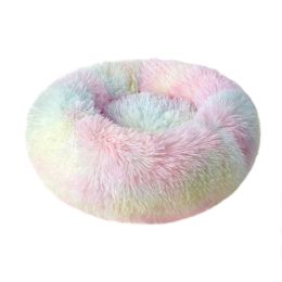 Small Large Pet Dog Puppy Cat Calming Bed Cozy Warm Plush Sleeping Mat Kennel, Round (Color: Mix-color, Size: 16in)