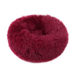 Small Large Pet Dog Puppy Cat Calming Bed Cozy Warm Plush Sleeping Mat Kennel, Round (Color: Wine Red, Size: 16in)