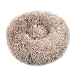 Small Large Pet Dog Puppy Cat Calming Bed Cozy Warm Plush Sleeping Mat Kennel, Round (Color: Light Coffee, Size: 27in)