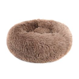 Small Large Pet Dog Puppy Cat Calming Bed Cozy Warm Plush Sleeping Mat Kennel, Round (Color: Khaki, Size: 20in)